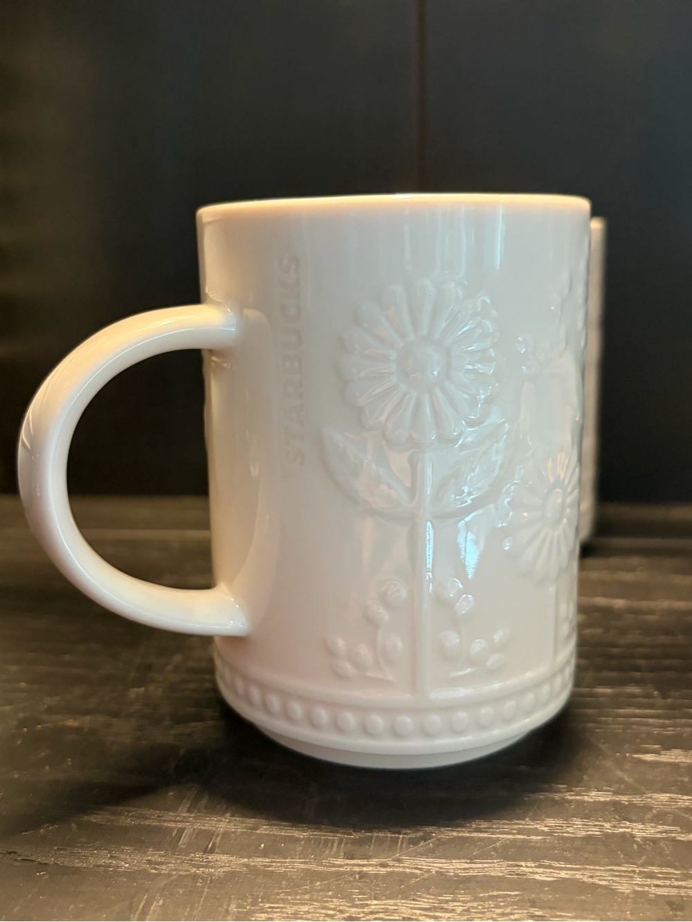 Two Starbucks 12 oz ceramic mugs with embossed daisy or sunflower floral design - Picture 7 of 14
